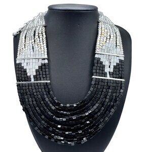 Chico's Necklace NWT Jewelry Statement 21.5" Adjustable Beaded Silver Tone Black